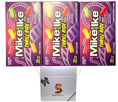 SNACKIFYME Gift Box Of Mike and Ike Limited edition thrill ride mix Chewy Candy - Theater Box 3 Pack 4.25 oz (120g) - Gluten-Free, Fat-Free - Perfect