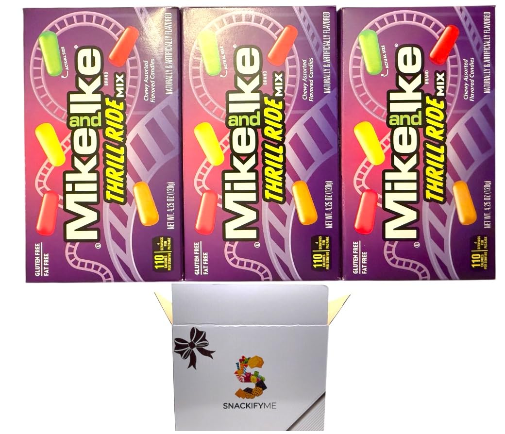 SNACKIFYME Gift Box Of Mike and Ike Limited edition thrill ride mix Chewy Candy - Theater Box 3 Pack 4.25 oz (120g) - Gluten-Free, Fat-Free - Perfect