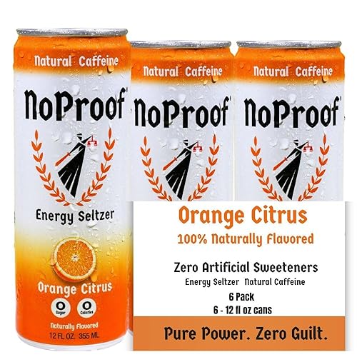 NoProof Energy Seltzer, Orange Citrus- 100% Naturally Flavored, Natural Green Tea Caffeine + Electrolytes, 0 Sugar, 0 Calories, 0 sucralose, 0