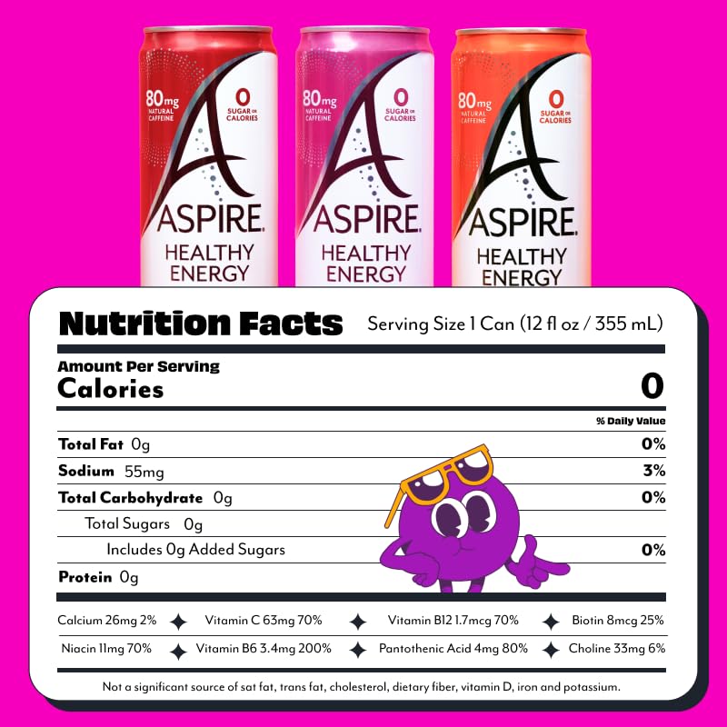 ASPIRE® Classics Variety Pack, Healthy Energy Drink 80mg Natural Caffeine, Zero Sugar No Carbs Keto Friendly, 12 Pack Green Tea Sugar Free Drink Low