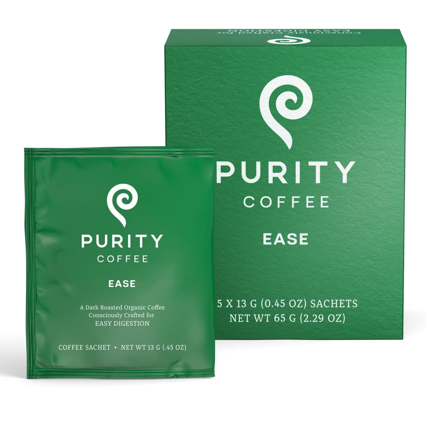 Purity Coffee EASE Low Acid Dark Roast Single Serve Sachets (5ct Box) | Specialty-Grade USDA Organic Arabica Blend | Third Party Tested for Mold