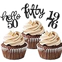 24 Pcs Black Glitter 50th Birthday Cupcake Toppers for 50th Birthday Celebrating Party Decorations