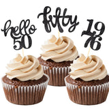 24 Pcs Black Glitter 50th Birthday Cupcake Toppers for 50th Birthday Celebrating Party Decorations