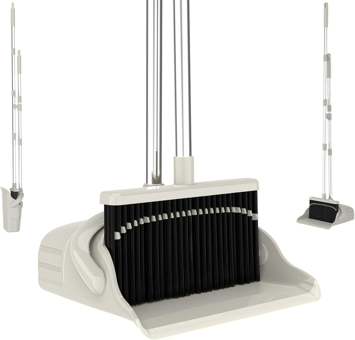 AISHUJIE Broom and Dustpan Set, Gray Yellow 52-Inch Adjustable Handle Upright Broom with Clip-Together Storage for Home, Kitchen, Office, Apartment