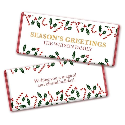 Christmas Candy Personalized Holiday Greetings Wrappers for Candy Bars (25 Wrappers)