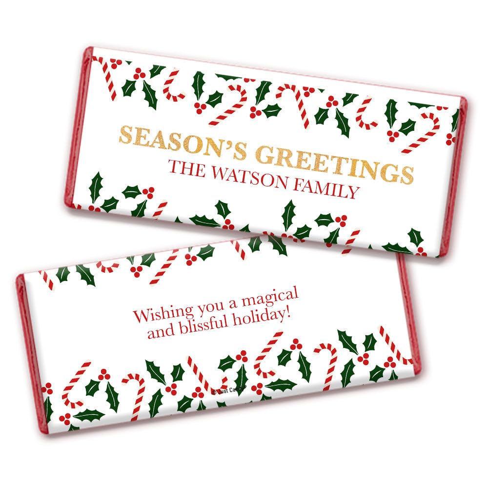 Christmas Candy Personalized Holiday Greetings Wrappers for Candy Bars (25 Wrappers)