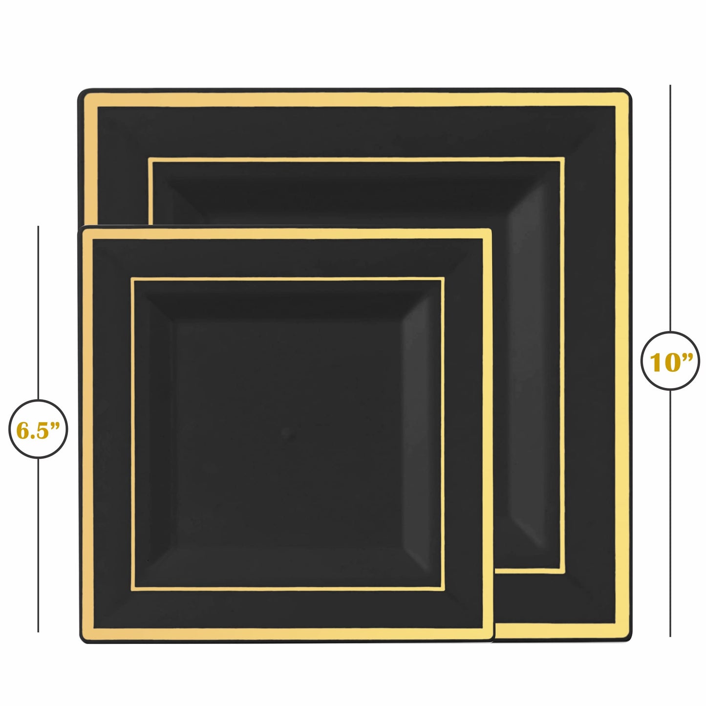 BloominGoods 100 PCS Disposable Plastic Black Square Plates, 100-Pack 6.5 & 10 In. Combo Premium Heavy Duty Gold Rim Square Plastic Plates, Ideal