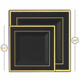 BloominGoods 100 PCS Disposable Plastic Black Square Plates, 100-Pack 6.5 & 10 In. Combo Premium Heavy Duty Gold Rim Square Plastic Plates, Ideal