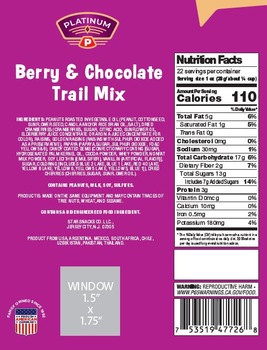 Platinum Berry & Chocolate Trail Mix 22 oz | Resealable Bag | Sweet & Savory Blend with Peanuts, Raisins, Berries & Candy-Coated Gems | Colorful Snack