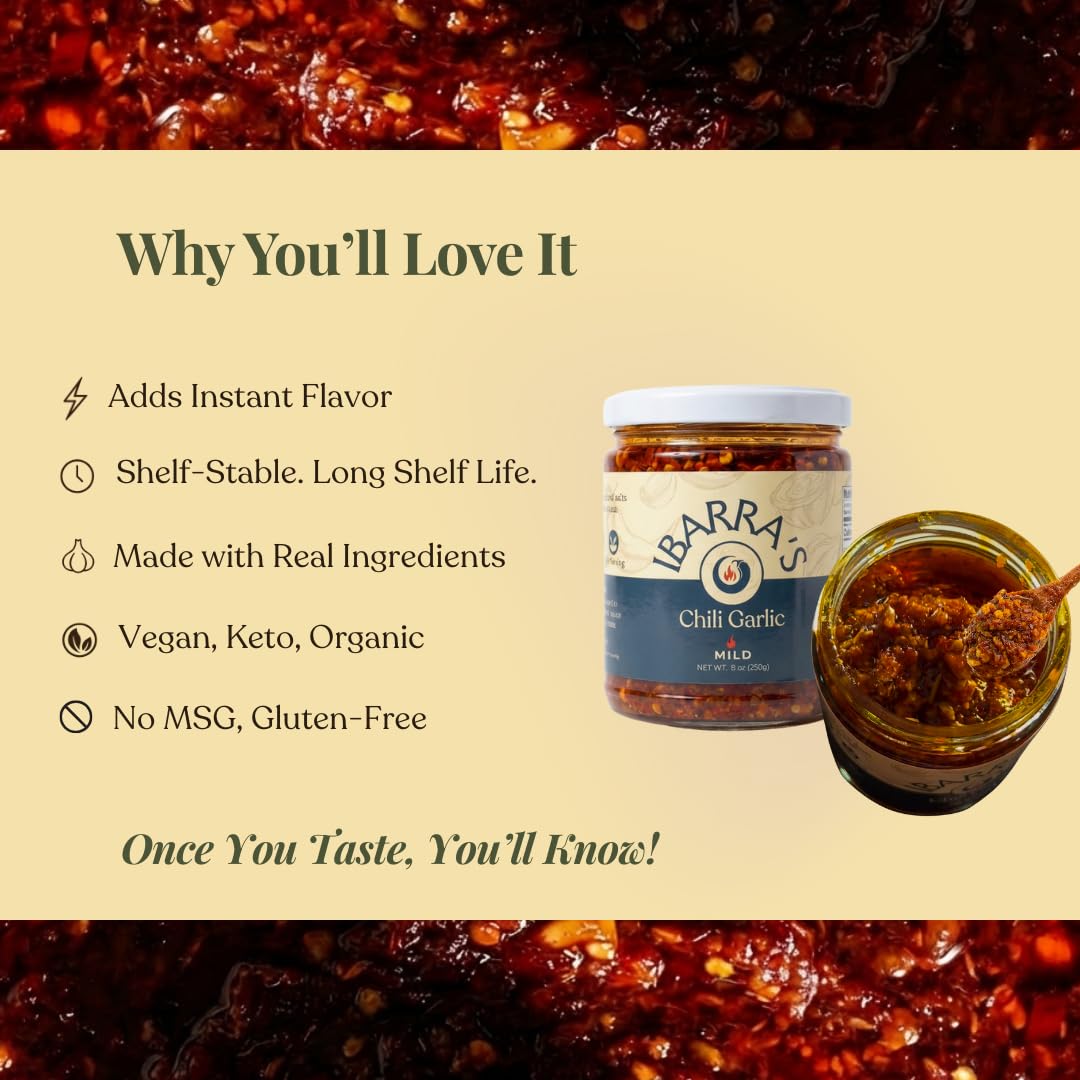 IBARRA'S Chili Garlic - 9oz (Pack of 1) - "The all-around, premium sauce for spice and flavor". Vegan-friendly. Small-batch production. Gluten-free