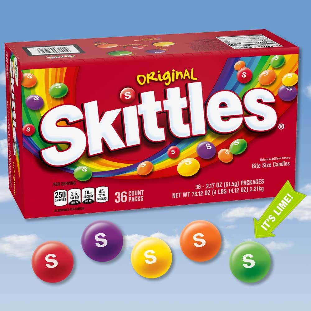 SKITTLES Original Chewy Candy, Full Size 2.17 oz Individually Wrapped Packs of Full Size Candies 36 Count