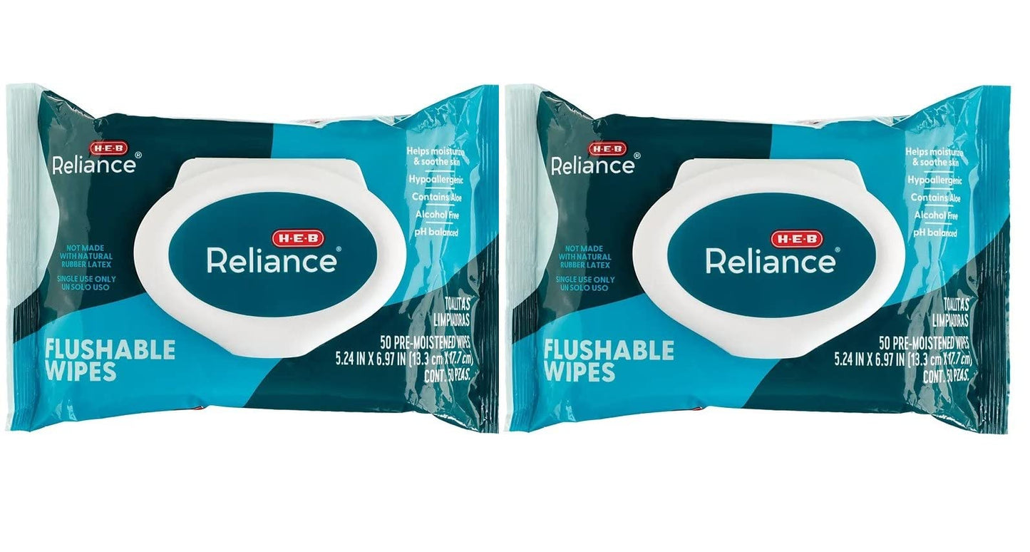 H?E?B Reliance Flushable Wipes 50 ct(pack of 2) Total 100