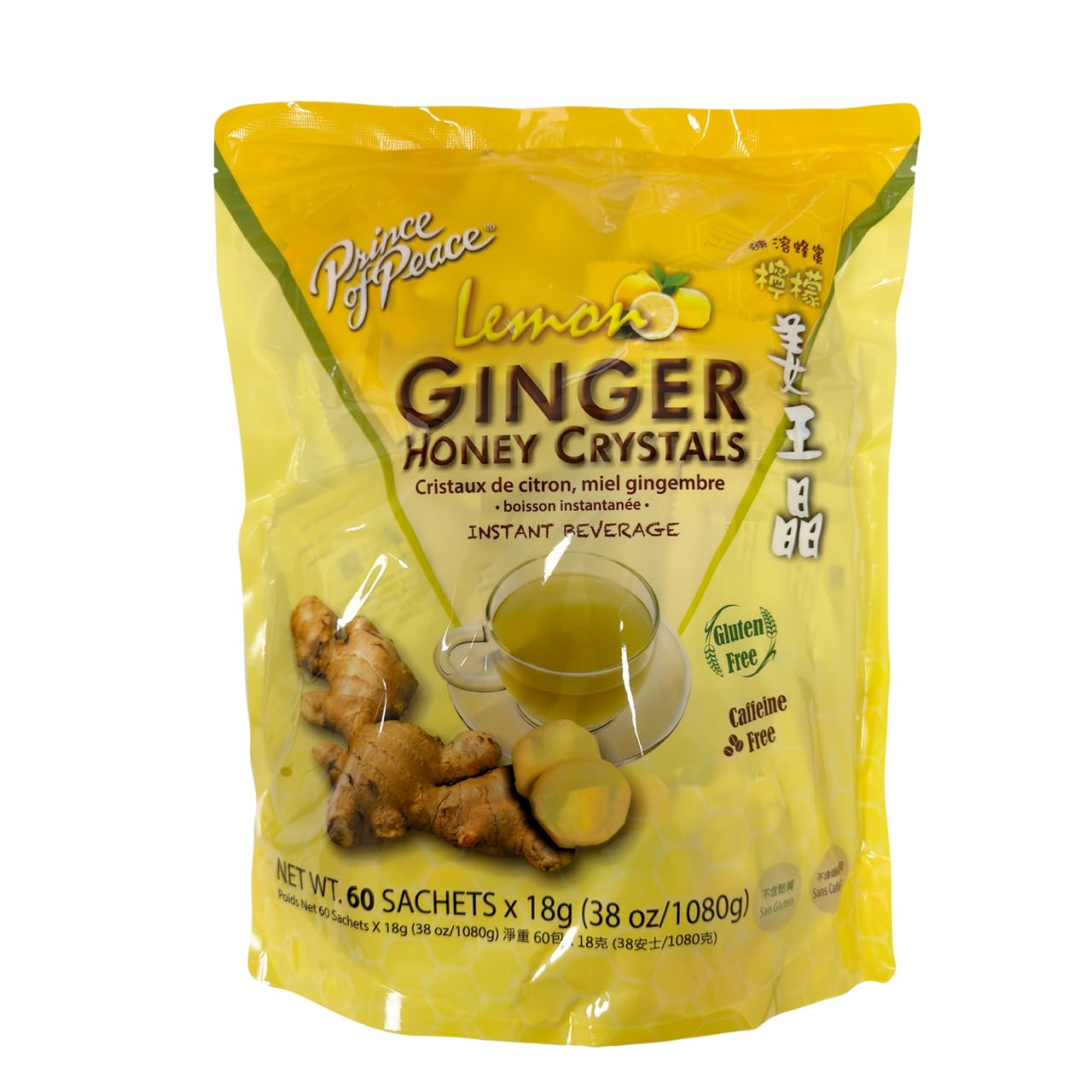 Prince of Peace Instant Ginger Honey Crystals with Lemon, 60 Sachets - Instant Hot or Cold Beverage - Easy to Brew - Drink Like a Tea - Caffeine