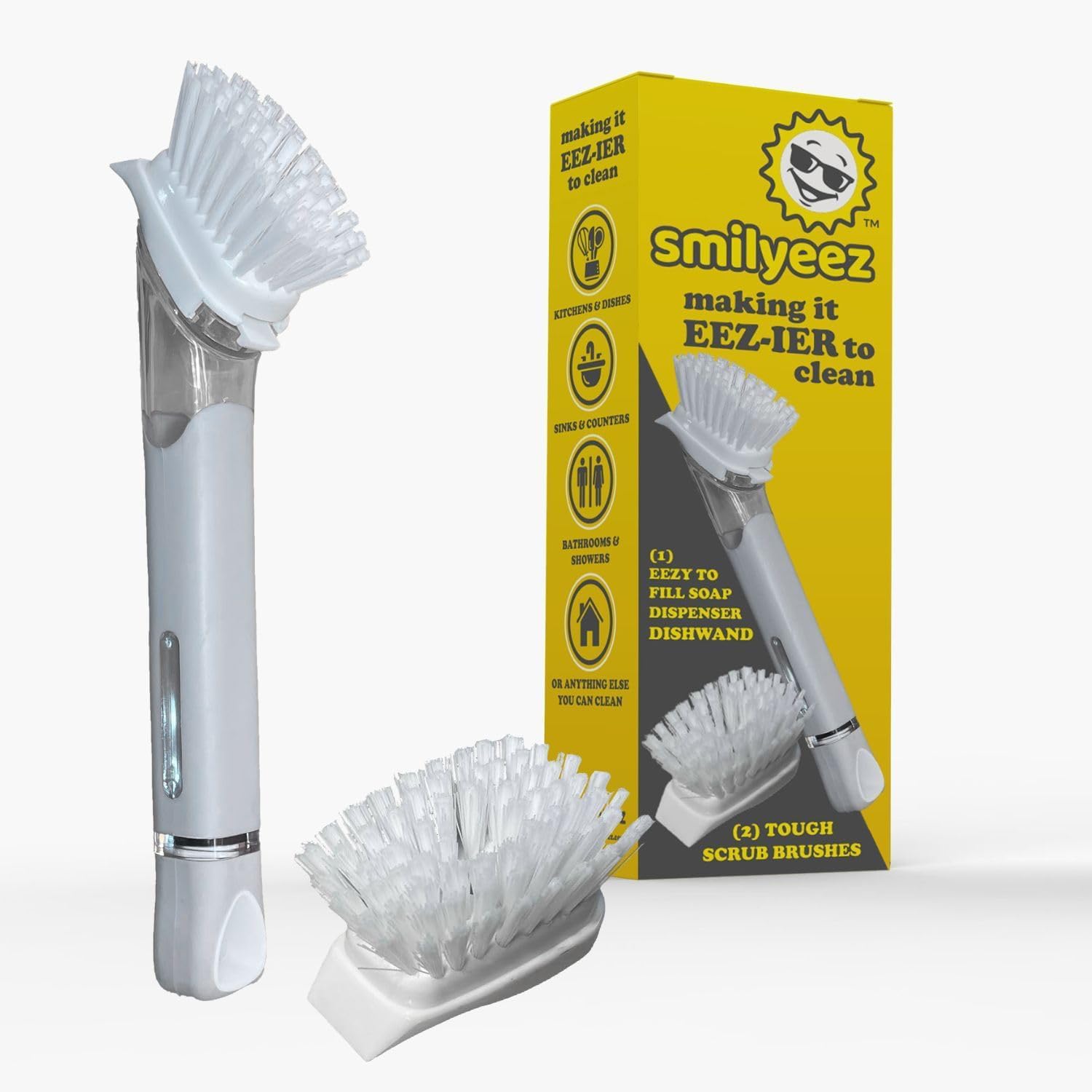 The Original Smiling Handle with Soap Dispensing by Smilyeez for The Smiling Sponge & Smilyeez Dishwand Combo (White/Grey)
