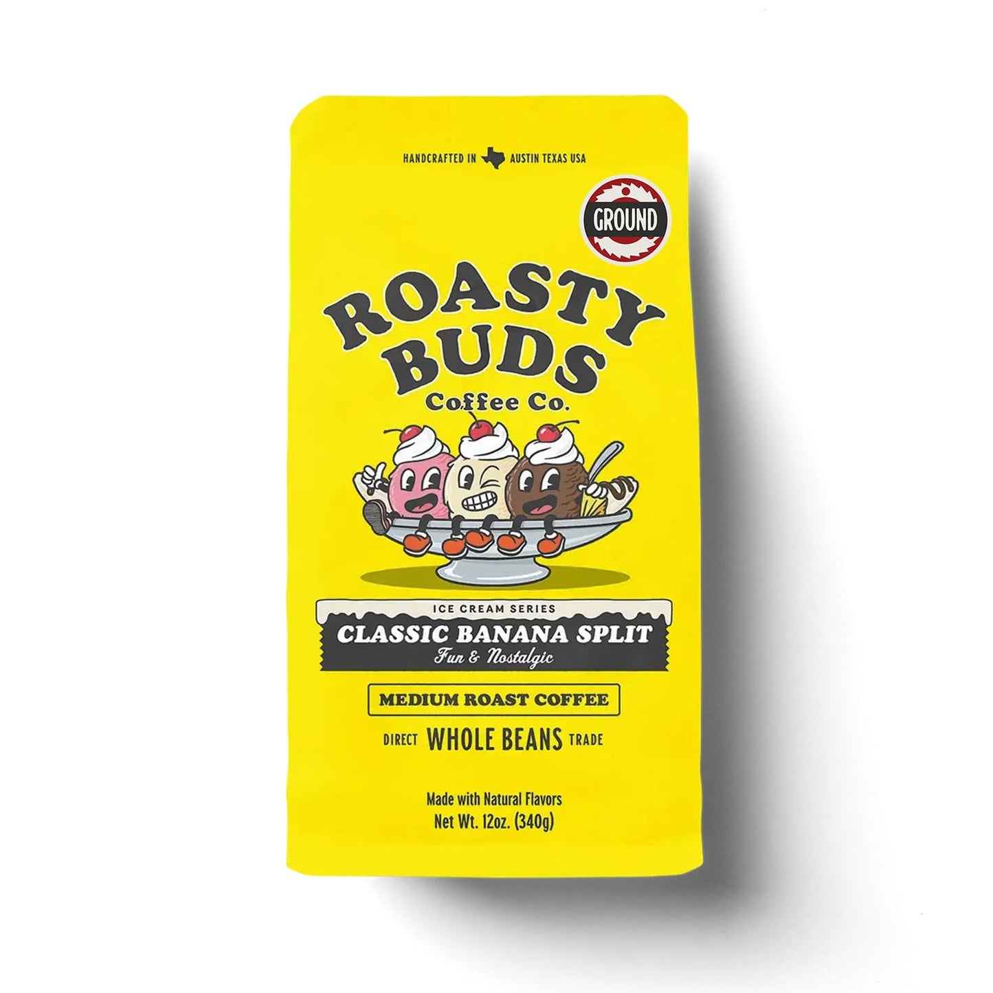 Roasty Buds Banana Split Ground Coffee 12oz | Flavored Dessert Coffee | Bold Roast | Gluten-Free, Non-GMO, No Sugar, Dairy, Soy, or Egg | Premium