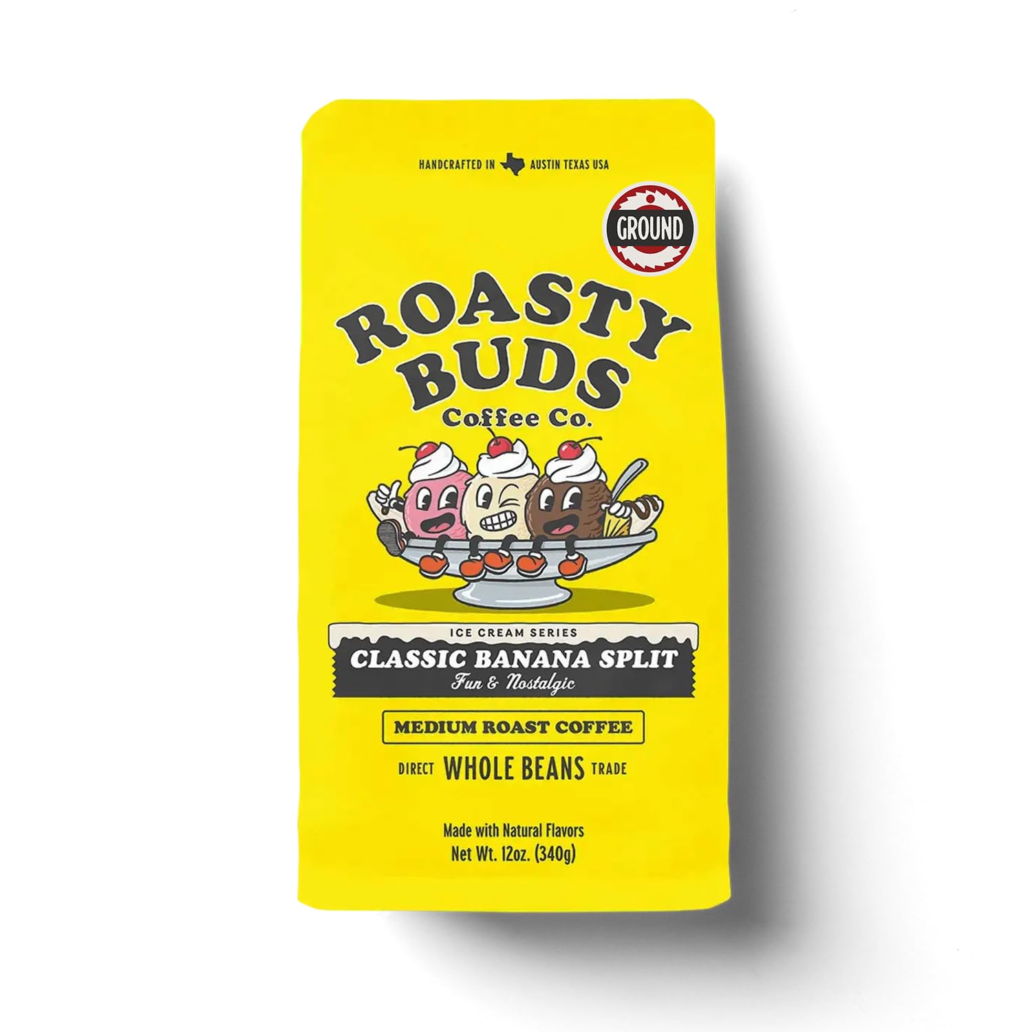 Roasty Buds Banana Split Ground Coffee 12oz | Flavored Dessert Coffee | Bold Roast | Gluten-Free, Non-GMO, No Sugar, Dairy, Soy, or Egg | Premium
