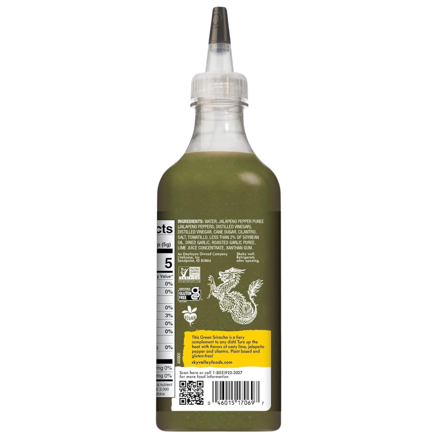 Sky Valley Green Sriracha Sauce - Spicy Green Sriracha Hot Sauce, Lime, Jalapeno Pepper, Cilantro, Plant Based, Vegan - 17.25 Oz Each, (Pack of 2)