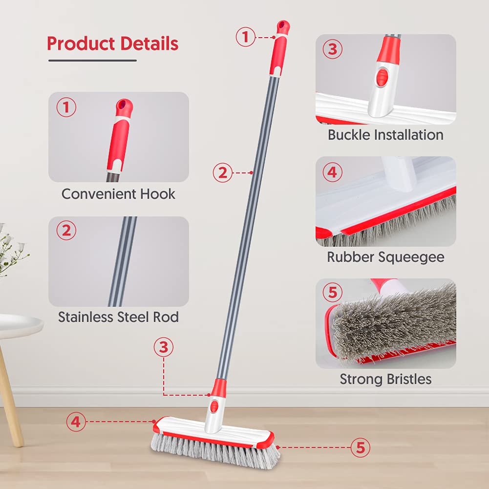 Floor Scrub Brush with Long Handle, Scrubbing Brush Squeegee Broom for Cleaning, 2 in1 Stiff Bristle Shower Scrubber Floor Squeegee for Pool Wall