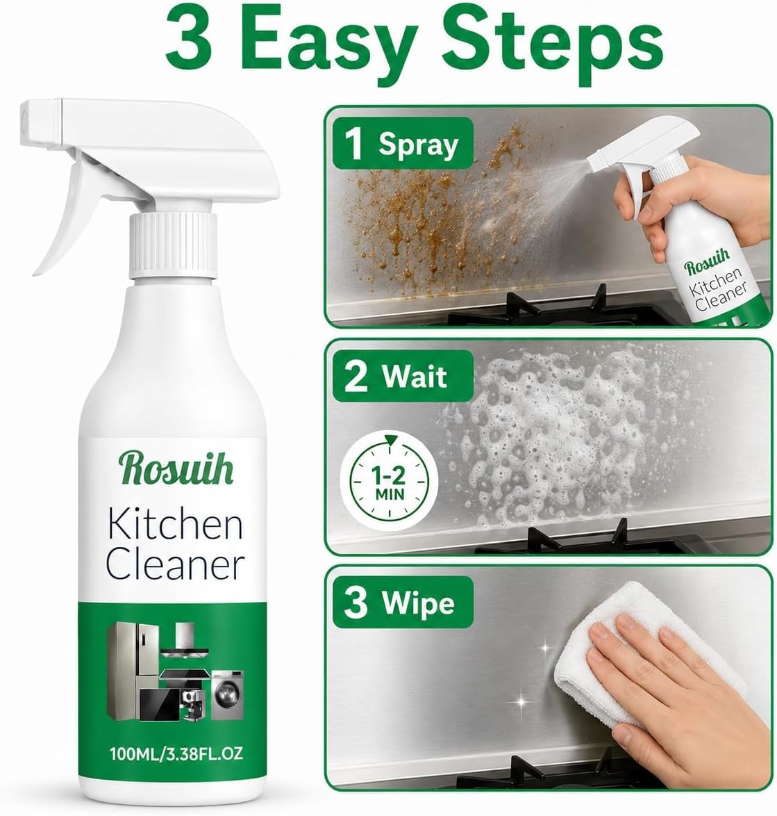 ROSUIH Kitchen Enzyme Cleaner Spray, Multifunctional Kitchen Appliance Cleaner, Heavy Duty Grease Remover for Cooktop, Stove, Oven, Range Hood