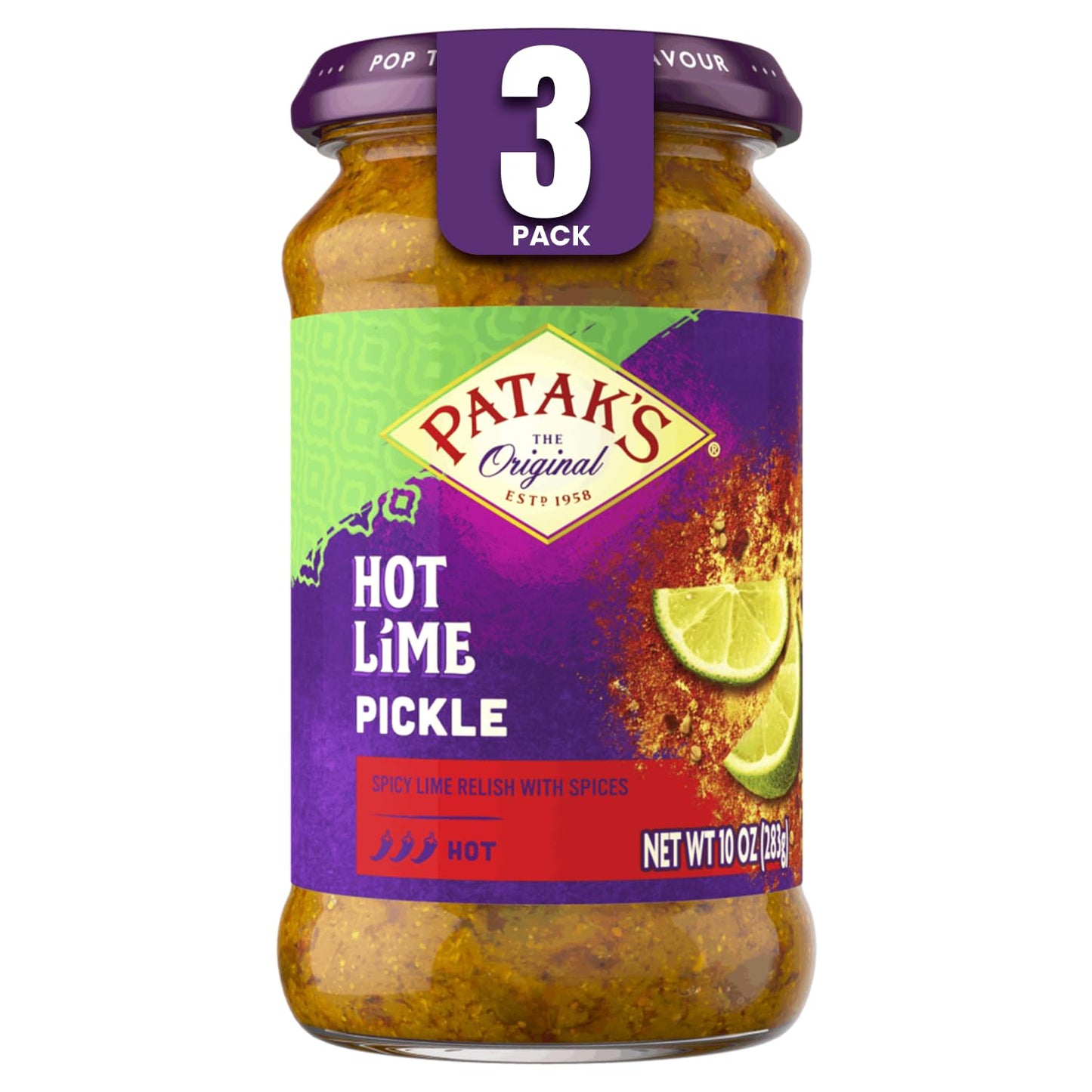 Patak’s Hot Lime Pickle - Authentic Indian Relish w/Lime Dices, Mustard Seeds & Aromatic Spices - Perfect for Sandwiches, Curries, Salads & Cold Meats