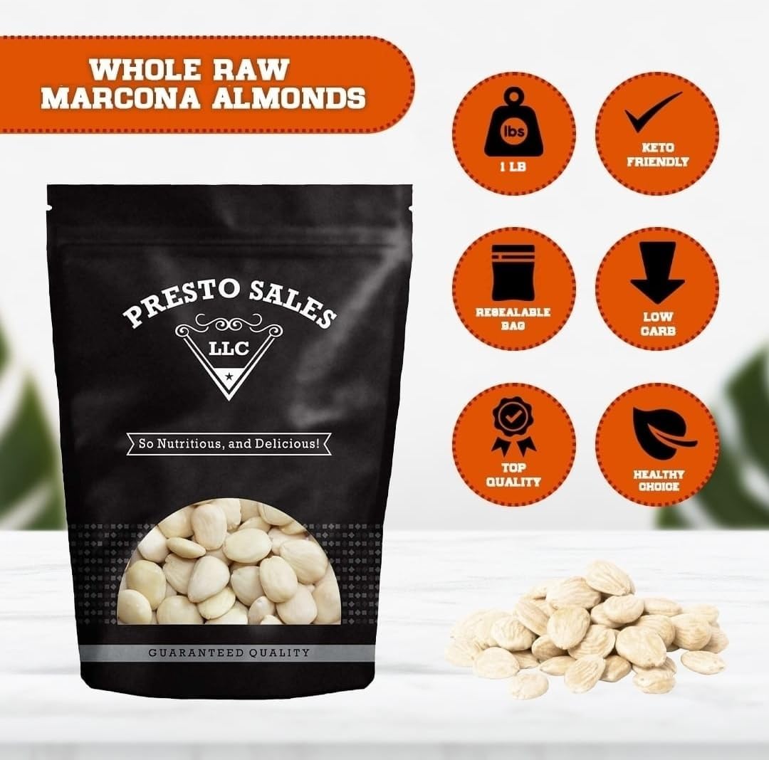 Almonds, Marcona California Raw Whole (1 lb.) by Presto Sales LLC| Perfectly Natural Quality| Fresh| Shorter and Sweeter than the California variety|