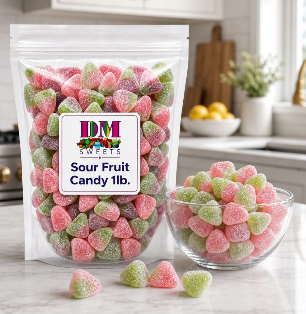 Vegan Sour Fruit Candy - 1 lb Bulk Assorted Watermelon Peach Cherry Sugar Sanded Gelatin Free Gummies. Made with Real Fruit Puree