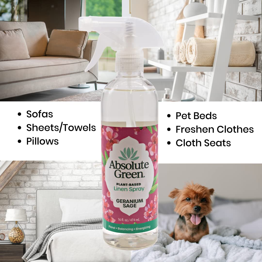 Absolute Green Linen and Fabric Spray, Fabric Freshener, Sheets, Towels, Sofa, Pet Safe, Geranium Sage Scent, 16 oz