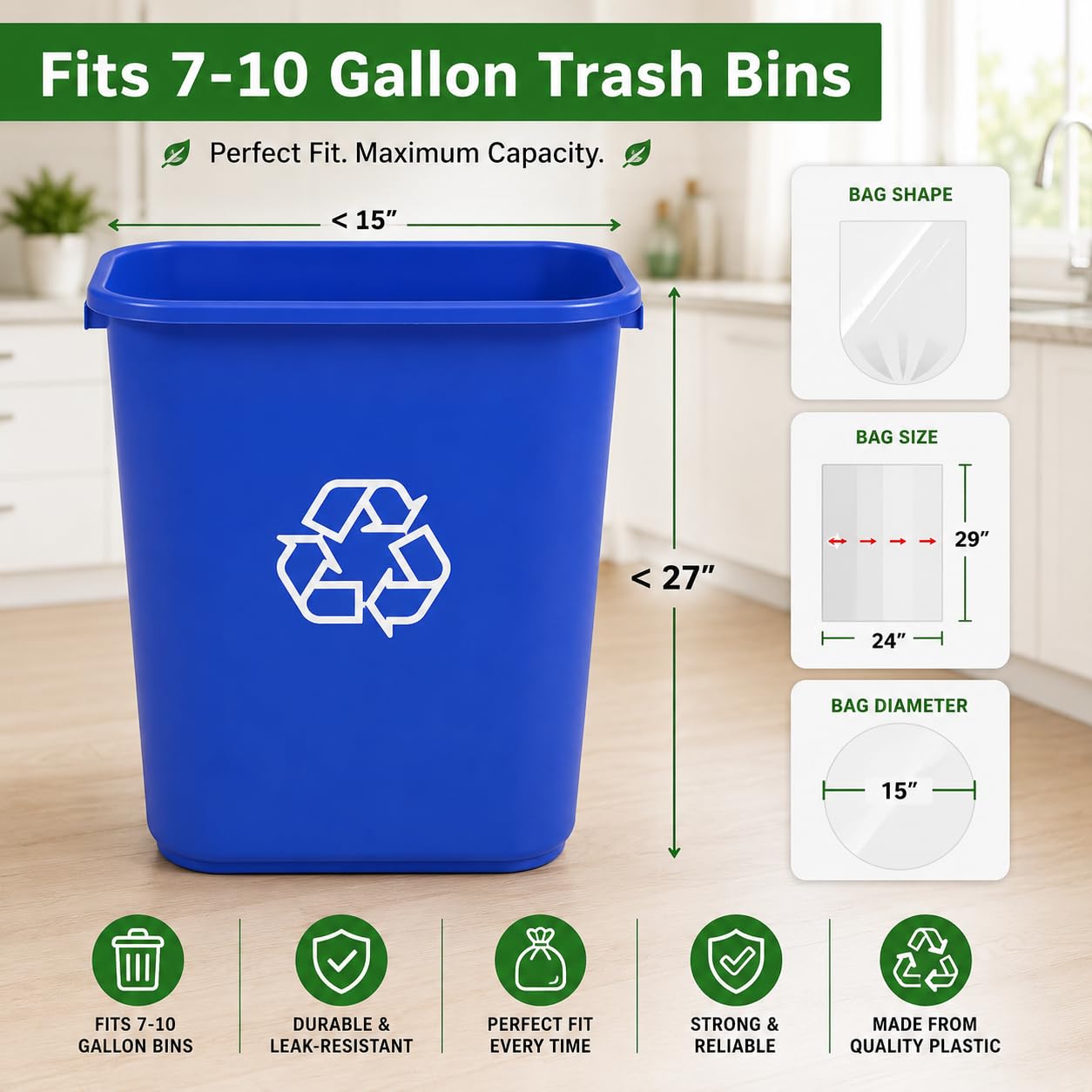 7-10 Gallon Clear Garbage Bags (110 Bags) 29" x 24" Extra Large Medium Kitchen Trash Bags Paper Shredder Bags Can Liners for Home and Office Bins, 110