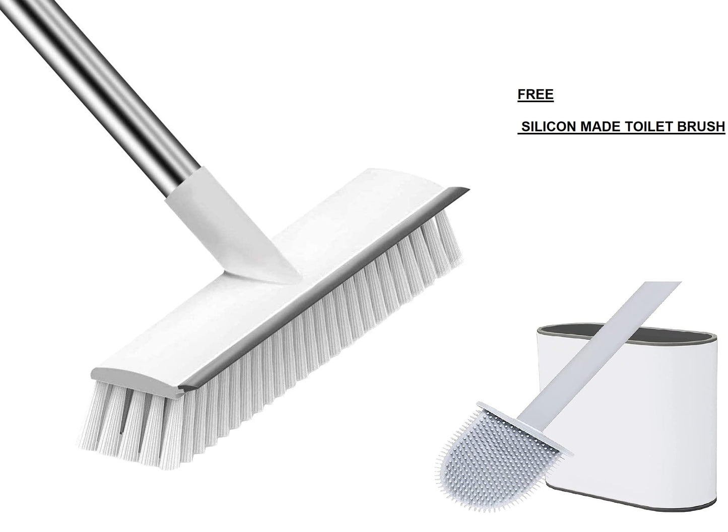 Floor Scrub Brush with Squeegee & Firm Long Handle, 2 in 1 Scrape & Brush Stiff Bristle Scrubber for Cleaning Tub, Tile, Bathroom, Patio, Kitchen