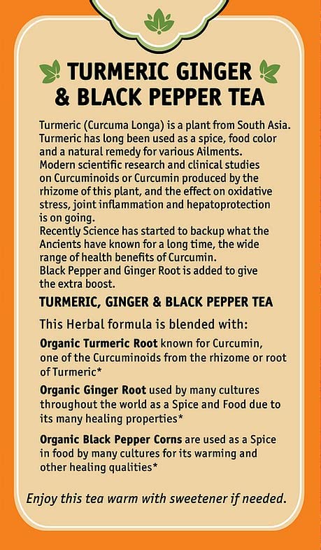 Herbal Cup Ayurveda Turmeric Tea, Organic Ginger & Black Pepper, No Caffeine Herbal Supplement (16 Count, Pack of 6)