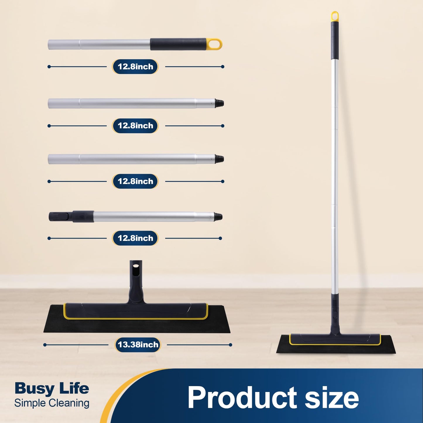 Yocada Floor Squeegee Broom EVA Foam Blade Aluminum Pole for Shower Bathroom Kitchen Home Tile Pet Hair Fur Floor Marble Glass Window Water Foam