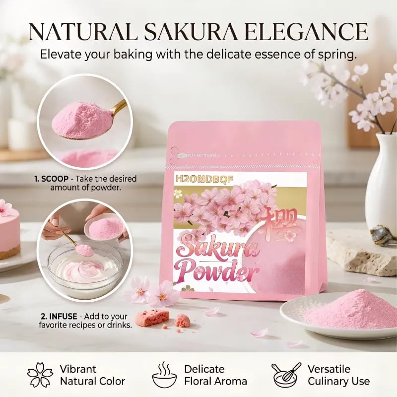 Sakura Powder, 100% Natural Cherry Blossom Flavor, Food Grade, Vegan, for Baking, Tea, Lattes & Desserts, 100g