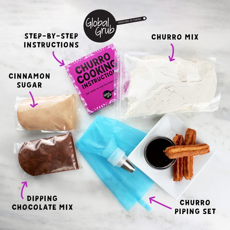 Global Grub DIY Churro Kit - Homemade Churro Kit Includes Churro Mix, Cinnamon Sugar, Chocolate Dipping Mix, Churro Piping Set, Cooking Instructions
