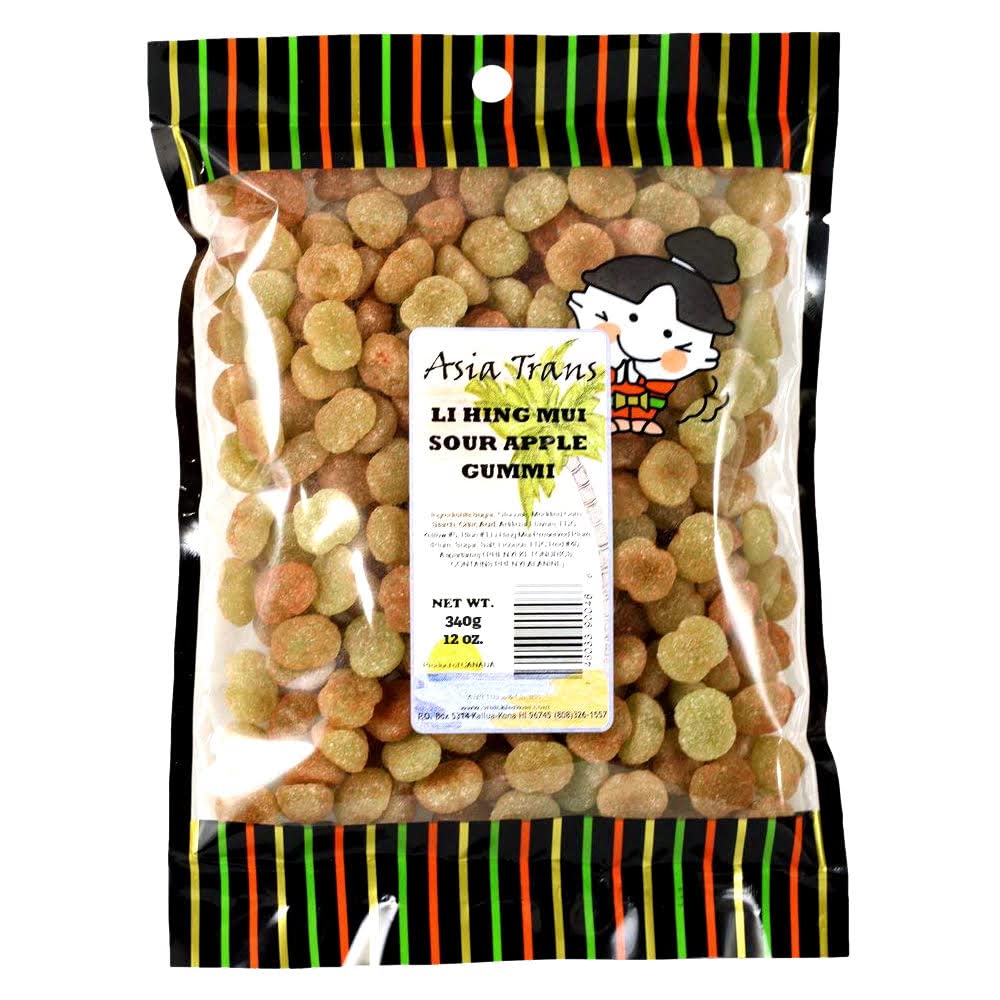 Asia Trans Sour Apple Gummies with Li Hing Mui Plum Powder | Hawaiian Favorite | Sweet & Sour Soft Gummy Candy 12oz