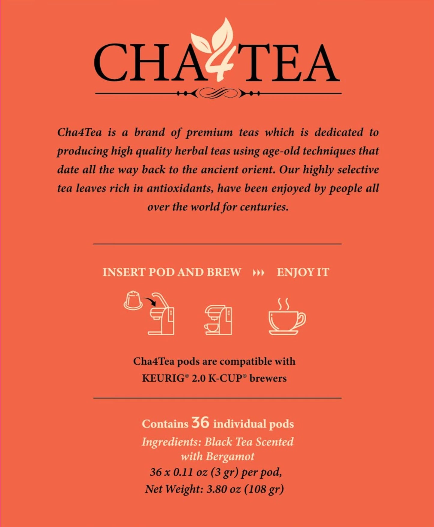 Cha4TEA 36-Count Earl Grey Tea Pods Compatible with Keurig K-Cup, Bold Black Tea with Bergamot Flavor