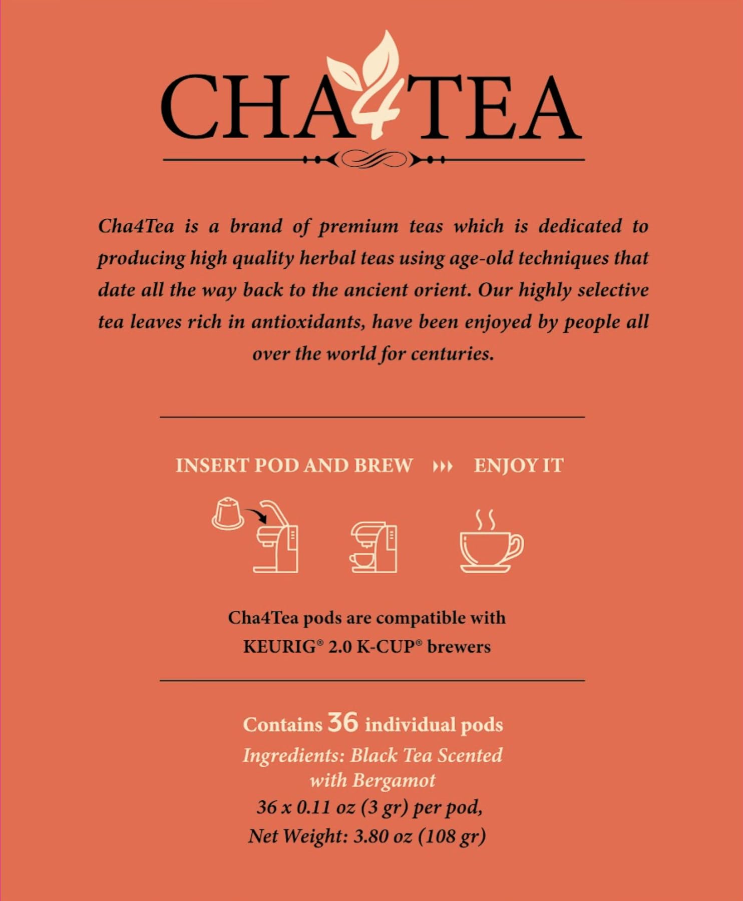 Cha4TEA 36-Count Earl Grey Tea Pods Compatible with Keurig K-Cup, Bold Black Tea with Bergamot Flavor