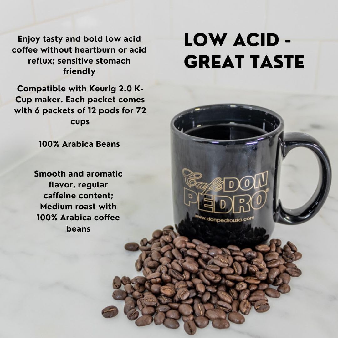 Cafe Don Pedro Southern Pecan Low Acid Coffee Pods - Compatible with Keurig K-cup Coffee Maker, 100% Arabica, Battles Heartburn, Acidic Reflux, 72