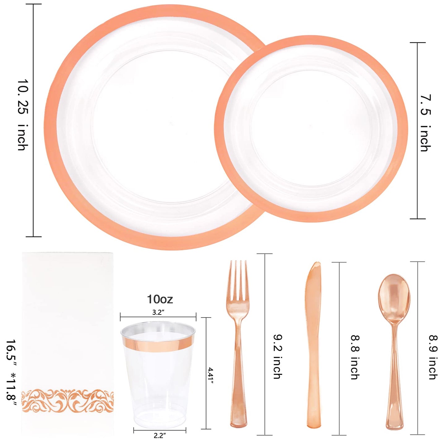 YOUBET 175PCS Rose Gold Plastic Plates - Clear Plastic Plates Disposable with Rose Gold Rim includes 50 Plates, 25Forks, 25Knives, 25Spoons, 25Cups