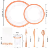 YOUBET 175PCS Rose Gold Plastic Plates - Clear Plastic Plates Disposable with Rose Gold Rim includes 50 Plates, 25Forks, 25Knives, 25Spoons, 25Cups