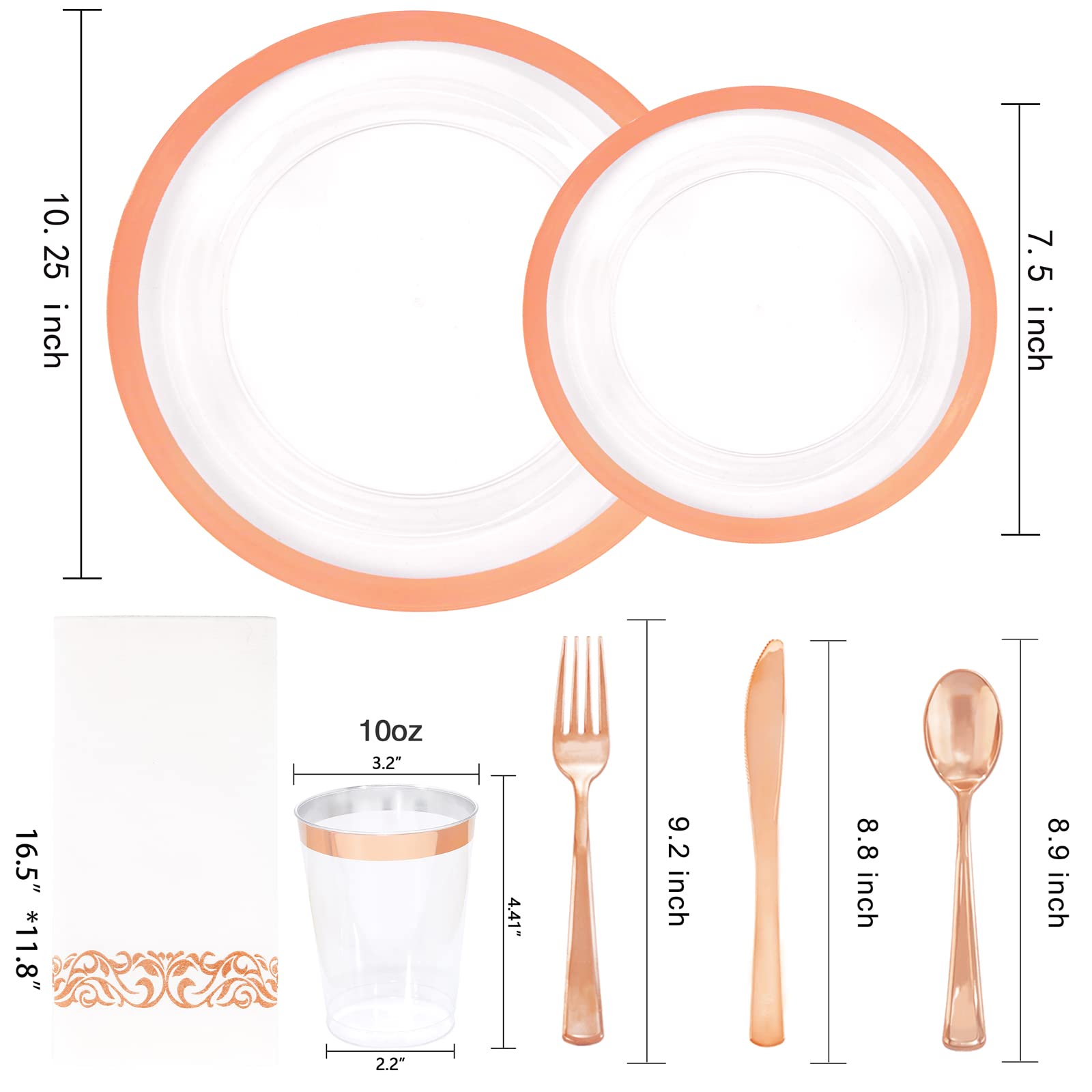 YOUBET 175PCS Rose Gold Plastic Plates - Clear Plastic Plates Disposable with Rose Gold Rim includes 50 Plates, 25Forks, 25Knives, 25Spoons, 25Cups