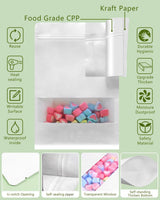 SumDirect Kraft Stand Up Pouches - 50 Pack 5.9x8.6 Inch White Self-Sealing Zipper Food Storage Reusable Sealable Bags with Window for Home or Business