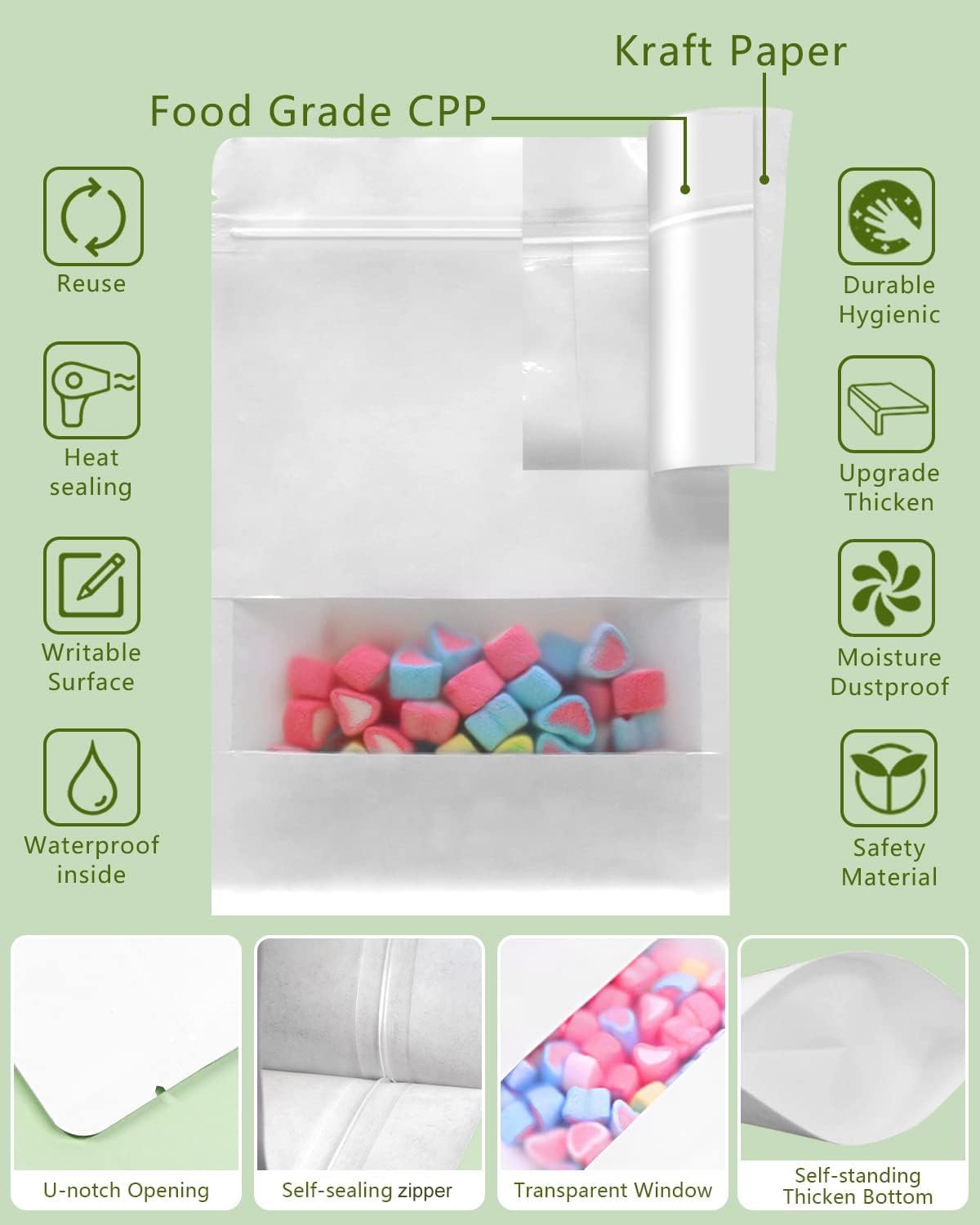 SumDirect Kraft Stand Up Pouches - 50 Pack 5.9x8.6 Inch White Self-Sealing Zipper Food Storage Reusable Sealable Bags with Window for Home or Business