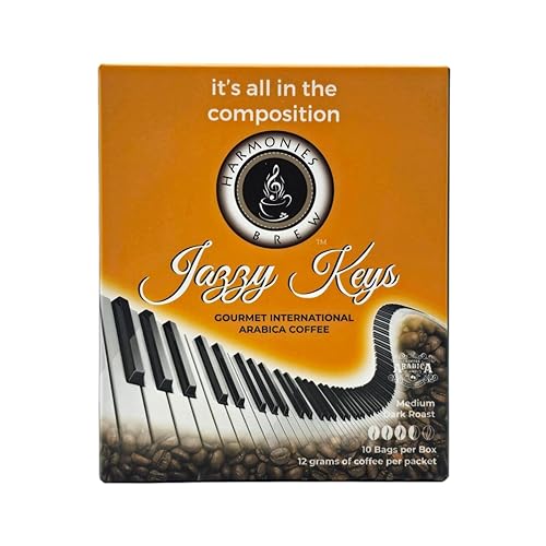 Harmonies Brew Jazzy Keys Box of Brew - 10 Pack Single Serve Pour Over Coffee, Certified Fairtrade, Organic Medium Dark Roast