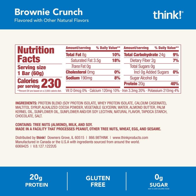 think! Protein Bars, High Protein Snacks, Gluten Free, Sugar Free Energy Bar with Whey Protein Isolate, Brownie Crunch, Nutrition Bars without