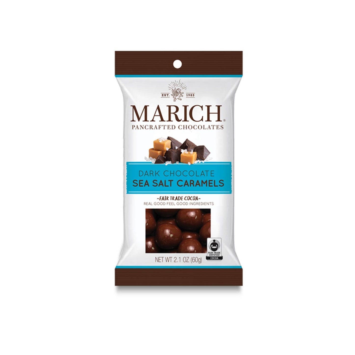 Marich Dark Chocolate Sea Salted Caramels, 2.1 oz Single Serve Bags (Pack of 6) - Delicious Snackable, Shareable and Giftable Chocolates with Real