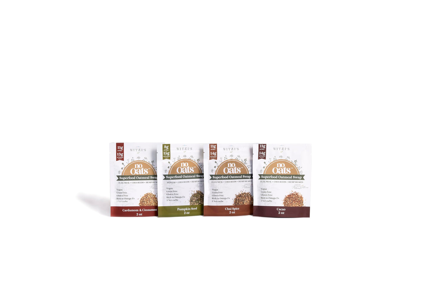 Witzi's No Oats Oatmeal Alternative, Variety Pack, 2oz (Pack of 4), Cardamom & Cinnamon, Cacao, Pumpkin Seed, Chai Spice, Made with Chia Seeds