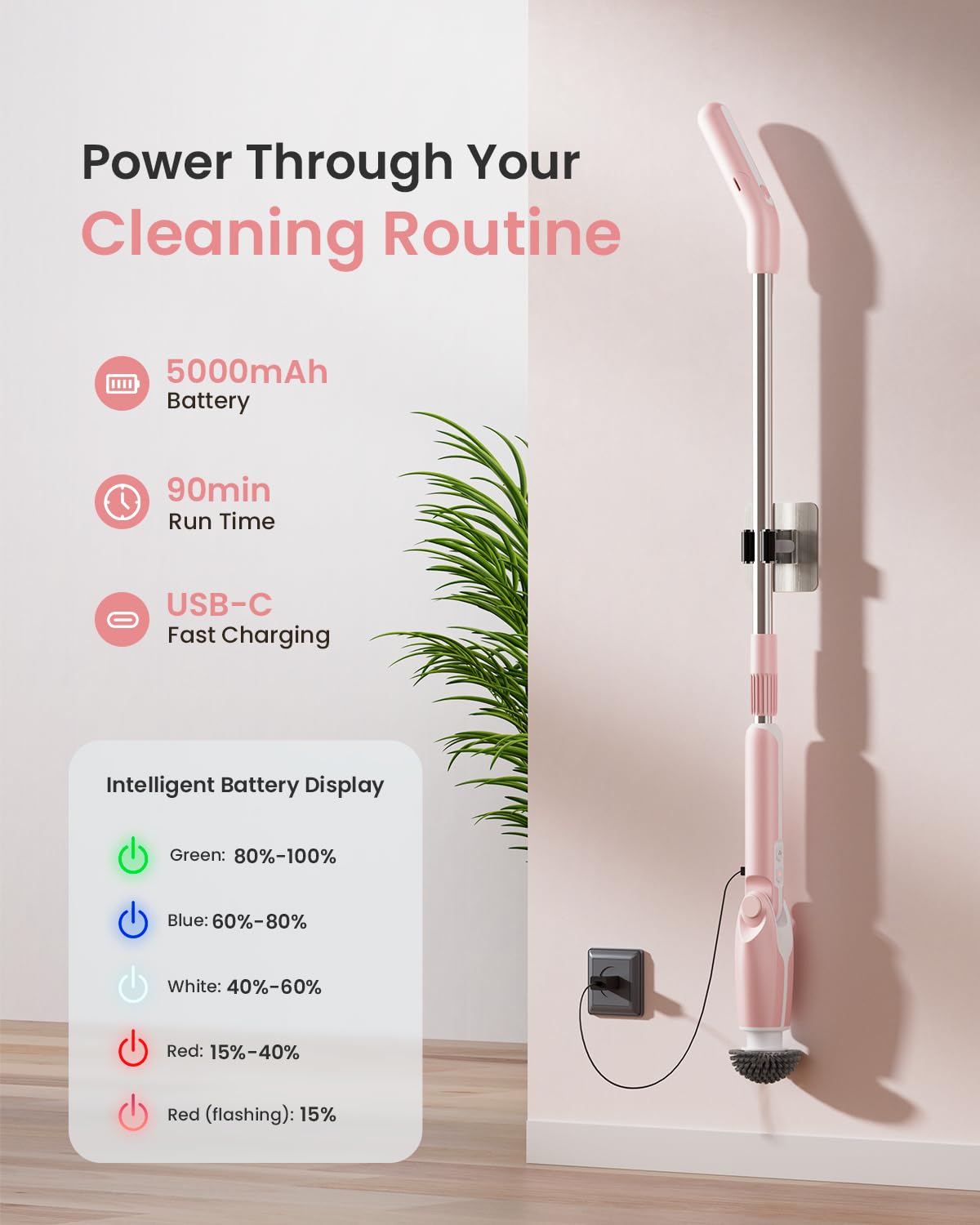 Leebein Electric Spin Scrubber, Shower Scrubber with 4 Adjustable Angles and 8 Brush Heads, Electric Scrubber with Long Handle & Remote Controller