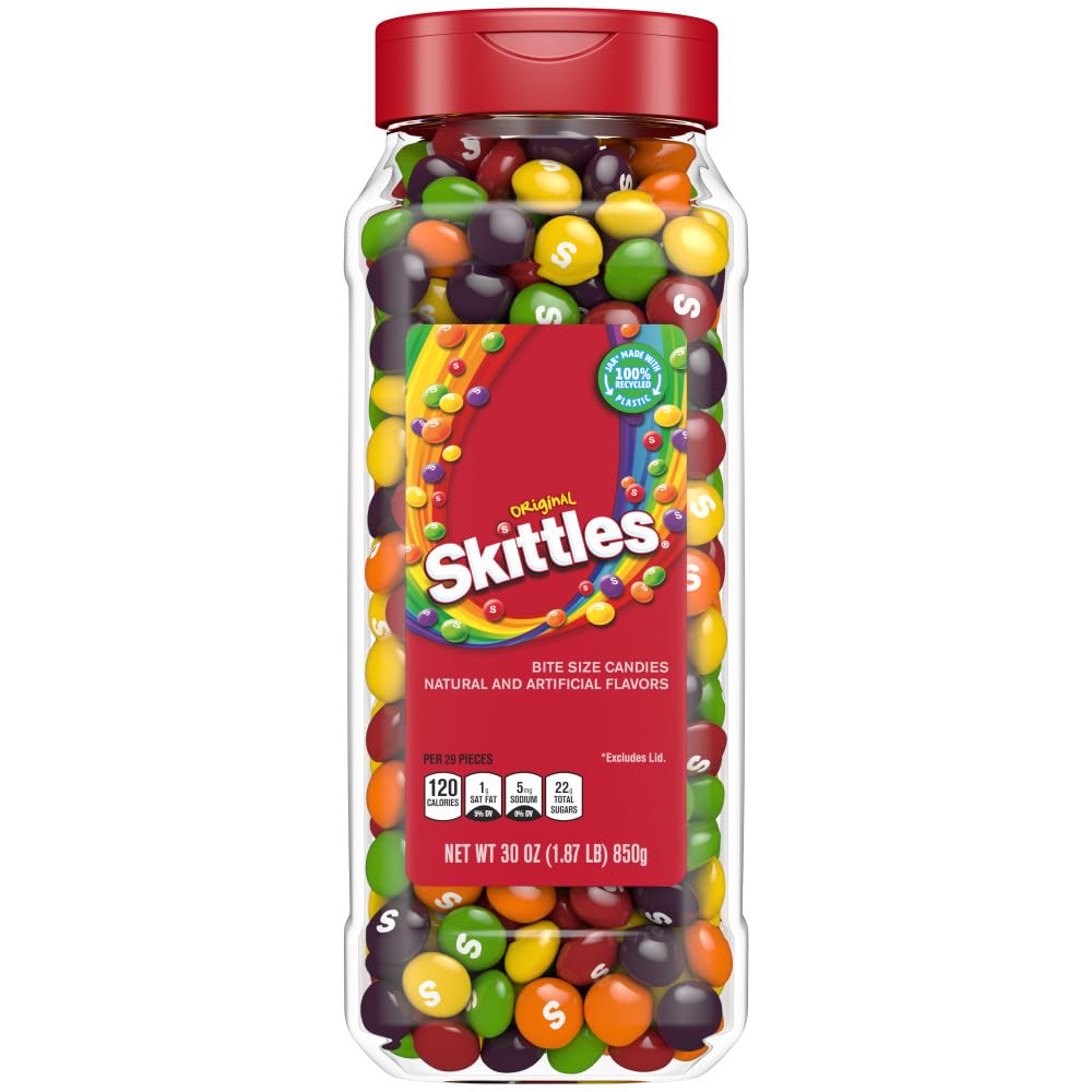 SKITTLES Original Chewy Fruity Rainbow Candy For Mid Day Snacking, Road Trips, Gaming & Party Fun, 30 Oz Resealable Bulk Candy Jar