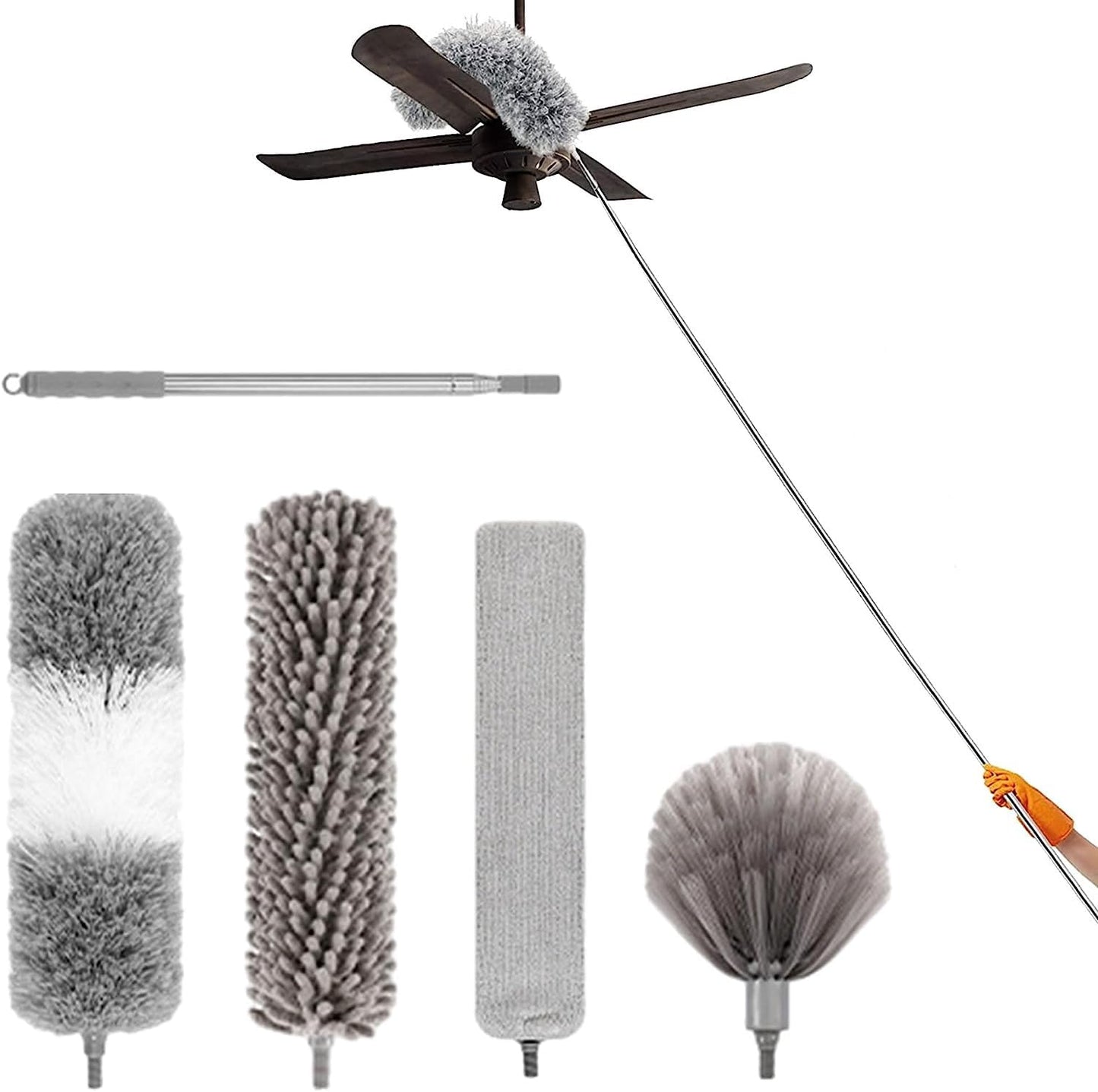 5PCS Retractable Washable Curved Microfiber Duster, with Extension Pole Feather Duster, Reusable Bendable Washable Dusters Set, for Cleaning Ceiling
