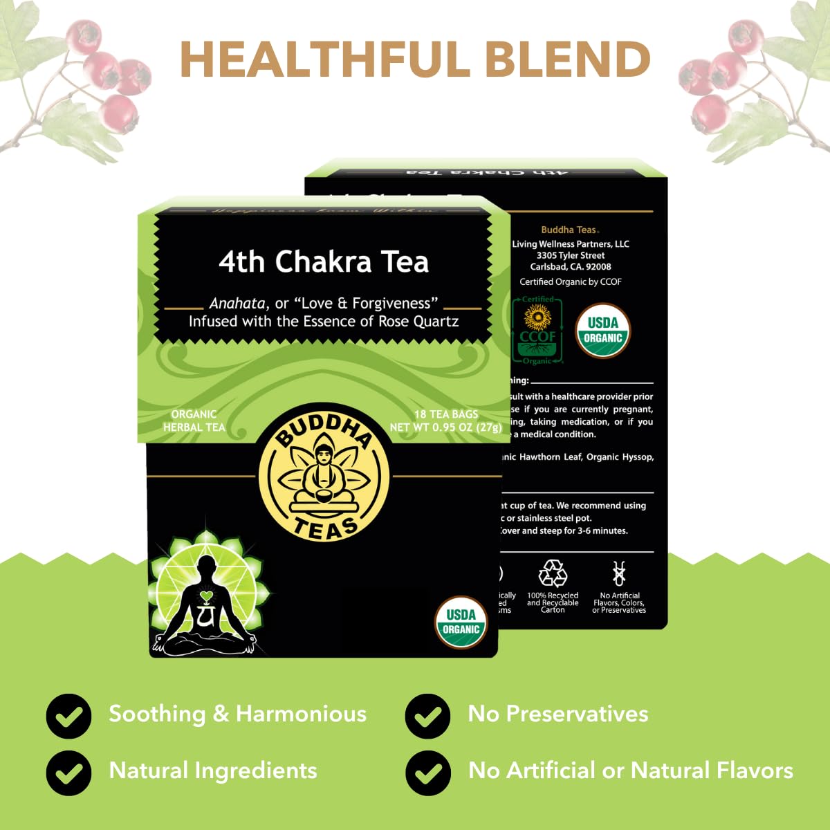 Buddha Teas - 4th Chakra Tea - Organic Herbal Tea - For Balance, Love & Forgiveness - With Hawthorn Berry, Lavender, Hyssop & Rose Quartz Essence - OU
